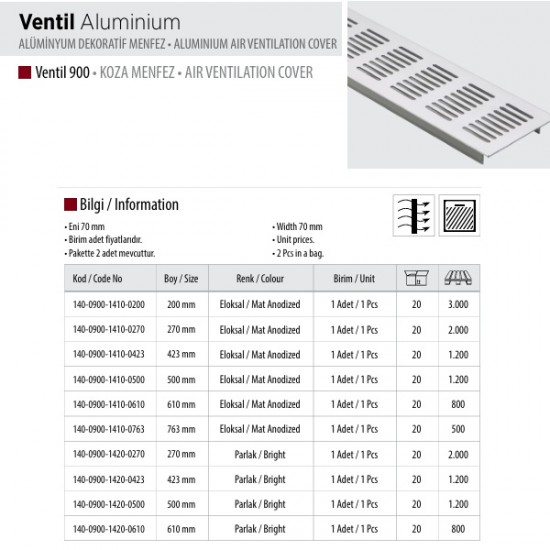 Albatur 0900.BR02 Alüminyum Menfez Koza 70 x 270 mm - Parlak Eloksal Albatur 0900.BR02 Alüminyum Menfez Koza 70 x 270 mm - Parlak Eloksal